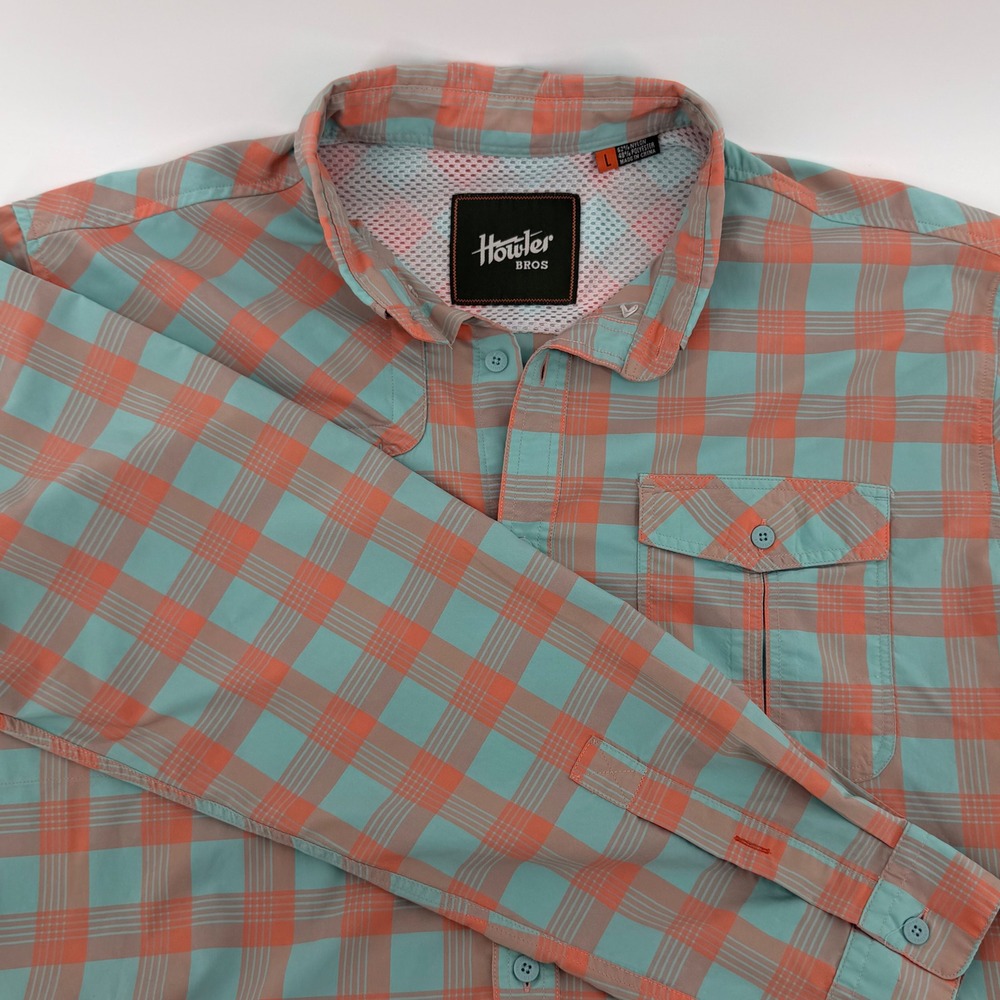 Howler Bros H Bar B Tech Shirt Mens Large Orange Teal Plaid Fishing Button Down